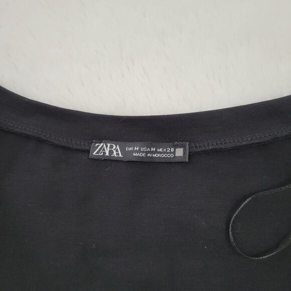 Zara Ruffle Sleeve T Shirt Black Sz Medium 100% Cotton - Picture 6 of 9